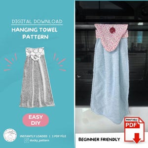 May include: A hanging towel pattern digital download. The image shows a gray towel with a white floral design and a red button. The text "EASY DIY" is displayed on a pink circle. The text "BEGINNER FRIENDLY" is also visible.