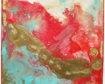 Abstract encaustic painting, red gold abstract art