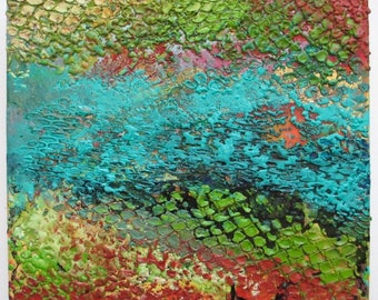 Abstract encaustic art, abstract landscape ocean painting, textured painting, teal, ocean floor