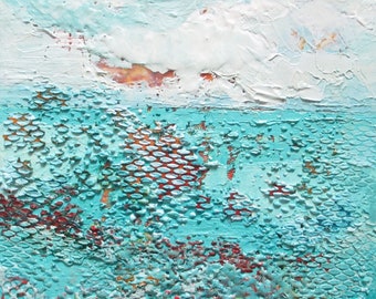 Sunset on Still Waters, encaustic art, wax painting, textured painting, teal, ocean painting