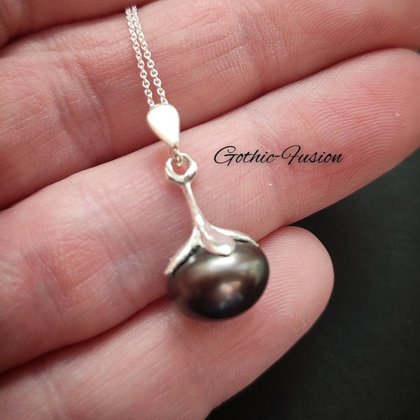 Natural Black Pearl Necklace, Goth Wedding Jewelry, Gift, Silver Pearl Necklace, Gothic Bride, Goth Wedding, Reiki Healing, Gift for Her