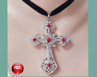 Medieval Gothic Red Crystal Cross Black Velvet Choker, Gothic Cross Gift, Red Black Velvet Gothic Wedding Necklace, Gothic Choker Gift