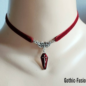 Vampire Bat Red Velvet Choker, Coffin Necklace, Dracula's Bride, Victorian Gothic Choker, Gothic Choker, Bat Necklace, Brahm Stoker, Whitby