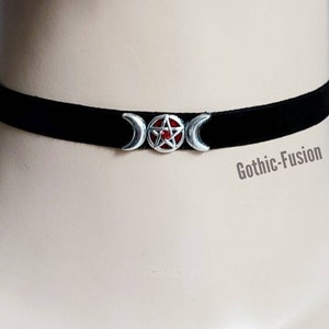 Triple Moon Pentacle Gothic Black Velvet Choker, Bridesmaid Black Velvet Choker, Inverted Pentacle, Handfasting Ceremony, Gothic Wedding