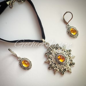 Victorian Gothic Honey Crystal Choker Earrings Set: Vampire Bat Jewelry