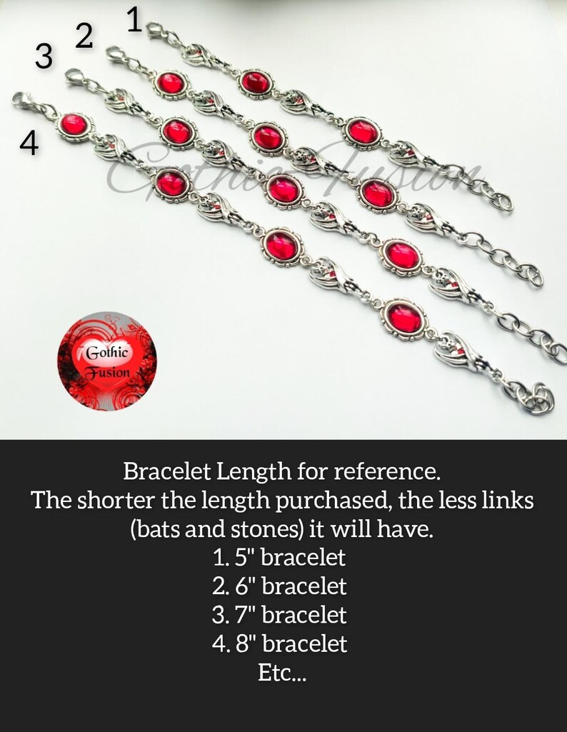 May include: Four silver bracelets with red gemstone accents. The bracelets are shown in different lengths, labeled 1.5 inches, 2.6 inches, 3.7 inches, and 4.8 inches.