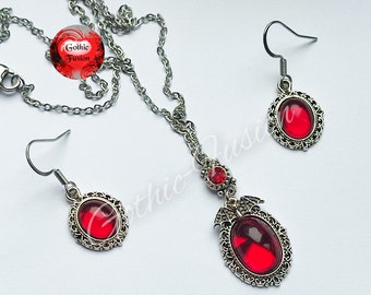 Red Vampire Bat Jewelry Set: Gothic Victorian Necklace Earrings