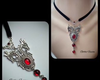 Celtic Viking Dragon Choker, Victorian Gothic Red Black Velvet Choker, Norse Dragon Necklace, Goth Gift, Gothic Wedding, Goth Velvet Choker