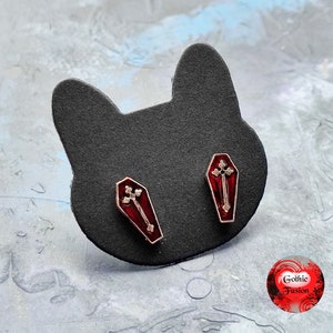Red Enamel Vampire Coffin Stud Earrings, Gothic Gift, Handmade Jewellery, Gothic Gift for Her Him,  Wedding Stud Earrings, Red Earrings