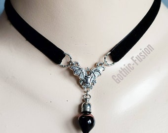Vampire Bat Vial Choker: Gothic Black Velvet Collar, Blood Vial Vampire Bottle Choker Necklace, Black Goth Wedding Choker Jewelry Jewellery