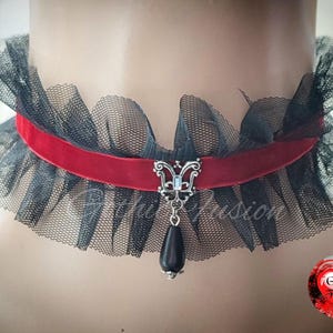 Gothic Vampire Bride Choker: Red Velvet Ruffle, Teardrop Bead