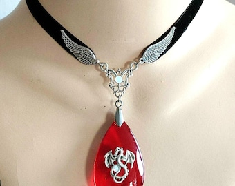 Red Dragon Pendant Necklace: Gothic Black Velvet Choker, Cosplay Faire Accessory