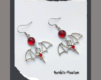 Blood Red Vampire Bat Earrings, Vampires, Gothic Earrings, Red Crystal Earrings, Dracula's Bride, Gothic Wedding, Goth Bride, Ruby Red Goth