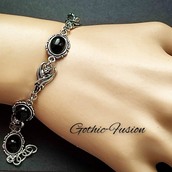 Black Onyx Vampire Bat Goth Bracelet, Victorian Gothic Bracelet, Gothic Wedding, Vampire Bride, Bats Blood, Bat Jewelry, Eternal Lovers