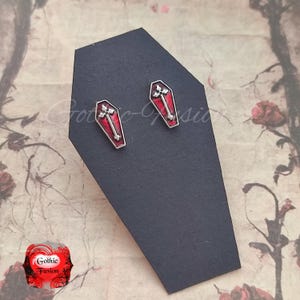 Red Enamel Coffin Stud Earrings: Gothic Vampire Jewelry, Coffin Earrings, Goth Gift, Red Vampire Coffin Earrings, Red Studs, Cross Earrings