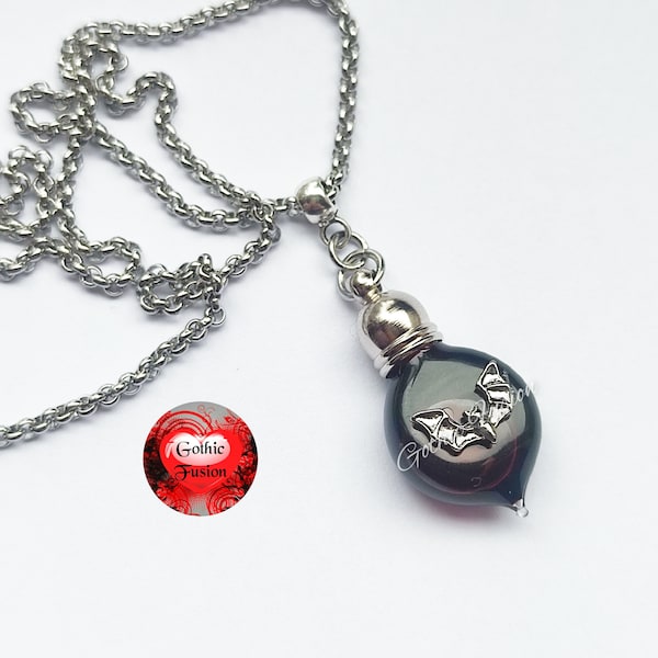 Victorian Gothic Vampire Bat Blood Bottle Vessel Necklace, Eternal Lovers, Vampire Bite Blood Vial, Bottle of Blood Magic Choker, Dracula