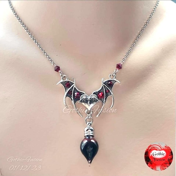 Gothic Vampire Bat Blood Vial Necklace, Crystal Open Wing Gothic Bat Jewelry, Blood Magic, Bottle of Blood Kit Jewelry, Gothic Gift for Her