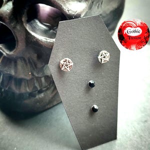 Small Pentacle & Black Rhinestone Stud Earrings: Goth Pagan Jewelry