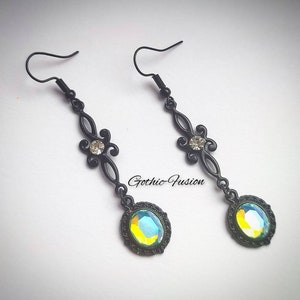 Art Deco Gothic Earrings: Black Victorian Style Green Crystal