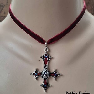 Vampire Bat Blood Red Velvet Choker Inverted Cross Necklace, Gothic Bride, Wedding Jewelery, Alternative Gift, Goth Wedding Accessories