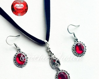 Vampire Bat Choker & Ruby Crystal Earrings: Gothic Velvet Collar