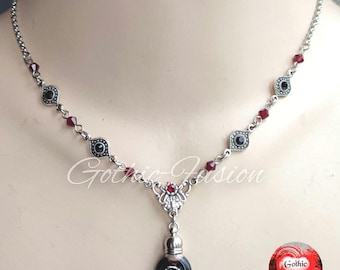 Victorian Gothic Blood Roses Vampire Bat Bottle Vial Necklace, Goth Red Necklace, Choker, Goth Wedding Jewelry, Victorian Art Deco Necklace