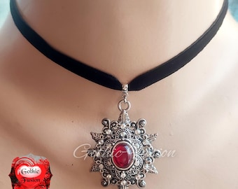 Victorian Goth Velvet Choker: Red Crystal Starburst Pendant