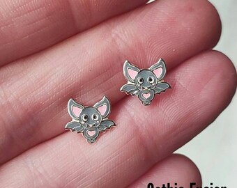 Sterling Silver Pink Heart Cute Vampire Bat Stud Earrings, Bat Jewelry, Pink Heart Earrings, Bat Earrings, Vampire Bat, Silver Stud Earrings