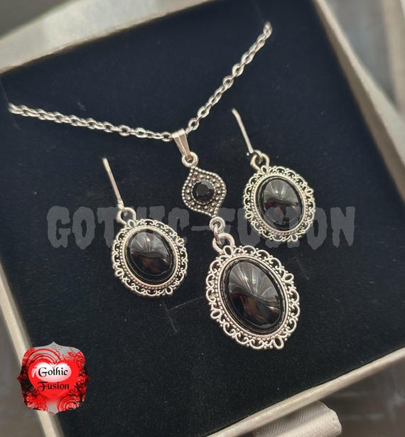Black Onyx Victorian Gothic Bride Wedding Necklace Earrings Set: Black Prom Goth Jewellery, Vampire Black Necklace, Onyx Goth Earrings Bride