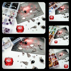 May include: A collection of black, purple, and red glass beads, silver charms, and silver jump rings in a clear plastic storage container. The container is labeled "Gothic Fusion" and includes a business card with the website address "gothic-fury.com".