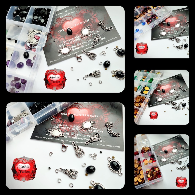 May include: A collection of black, purple, and red glass beads, silver charms, and silver jump rings in a clear plastic storage container. The container is labeled "Gothic Fusion" and includes a business card with the website address "gothic-fury.com".