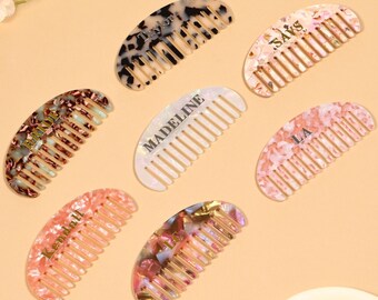 Acetate Combs With Custom Names, Custom Initials Half-Moon Marble Combs, Bridesmaid Gifts, Portable Pocket Combs, Wedding Bridal Gifts