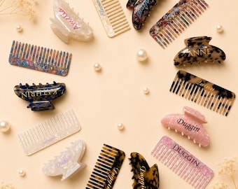 Personalized Hair Clip Comb Set/Bridal Team/Custom Name Hair Clip and Comb Gift Set/Personalized Acetate Hair Claw & Comb/Bridesmaid Gifts