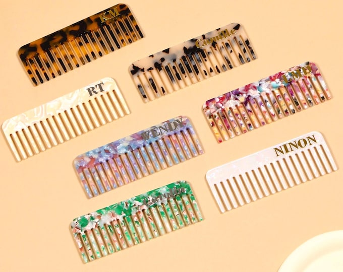 Custom Initial Amber Hair Comb, Personalized Name Acetate Hair Comb, Wedding Bridesmaid Gift, Marble Hair Comb, Portable Pocket Hair Comb