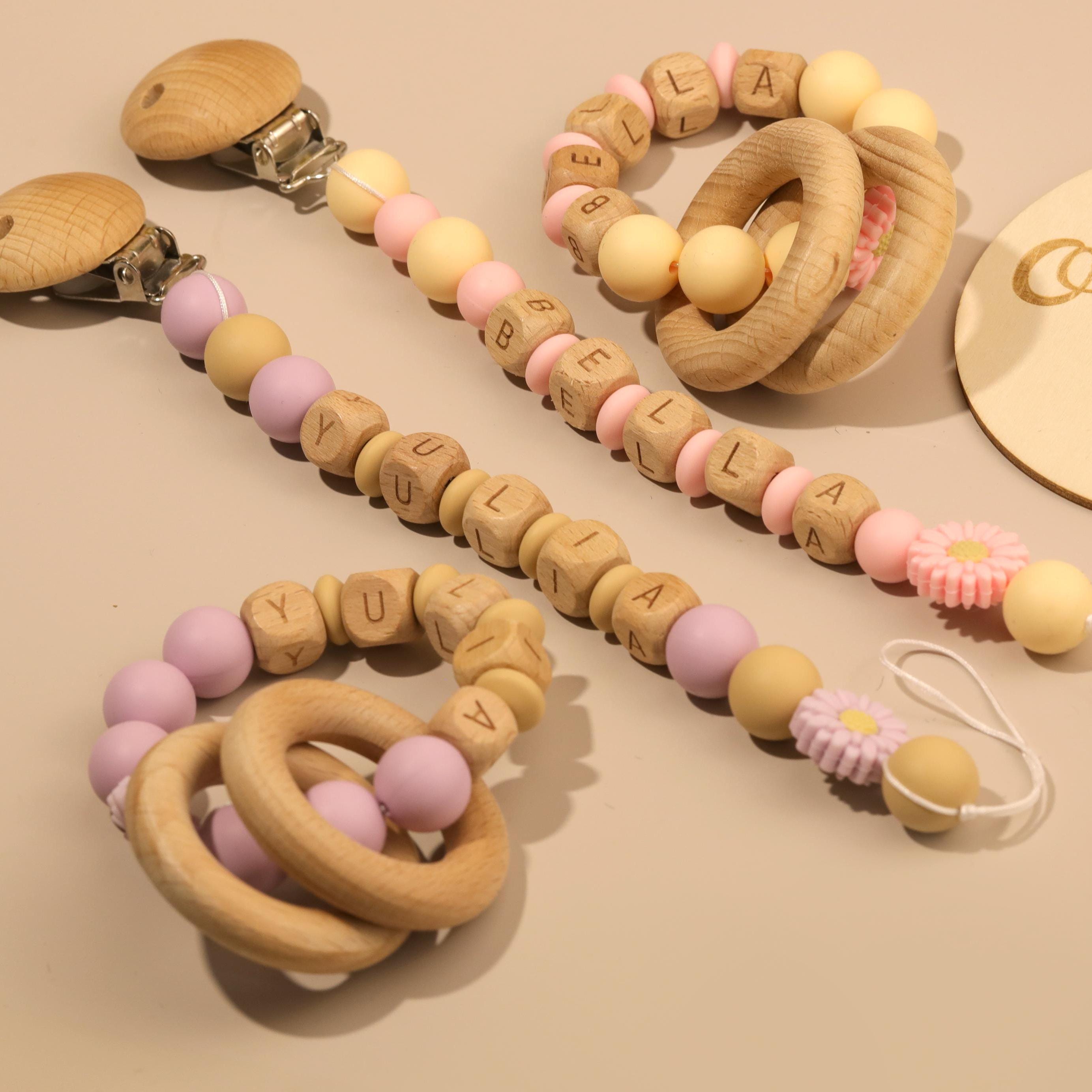 Baby Schnuller Clip, personalisierte Neugeborenen Schnuller Clip, benutzerdefinierte Name Holz Schnullerkette, handgefertigte Baby Party Taufe Halter, Dusche Geschenk