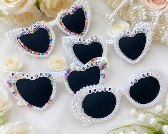 Personalization Pearl Bridal Sunglasses, Bride to Be Crystal Glasses, Hen Do Party, Bridesmaid Heart Shaped Glasses for Wedding,Wedding Gift