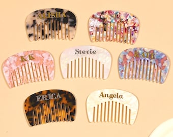 Personalization Initial Mini Half Moon Comb, Custom Name Acetate Hair Comb, Wedding Bridesmaid Gift, Marble Portable Pocket Hair Comb