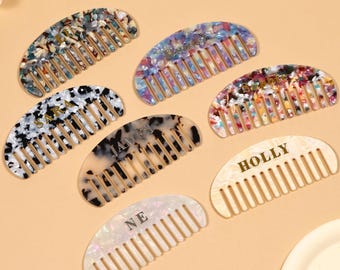 Personalized Name Half Moon Comb, Custom Initials Flower Color Marble Combs, Wedding Bridesmaid Gifts, Portable Pocket Combs, Bridal Gifts