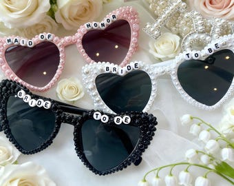 Custom Pearl Bridal Sunglasses, Bride to Be Crystal Glasses, Hen Do Party, Bridesmaid Heart Shaped Glasses for Wedding, Special Wedding Gift