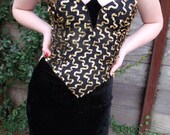 Vintage Black Velvet Gunne Sax Dress. Formal Gold Sequin Detail. Long Silhouette Dress