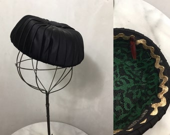 Vintage Black Pleated Pill Box Hat Mint* Designer Joseph Magnin