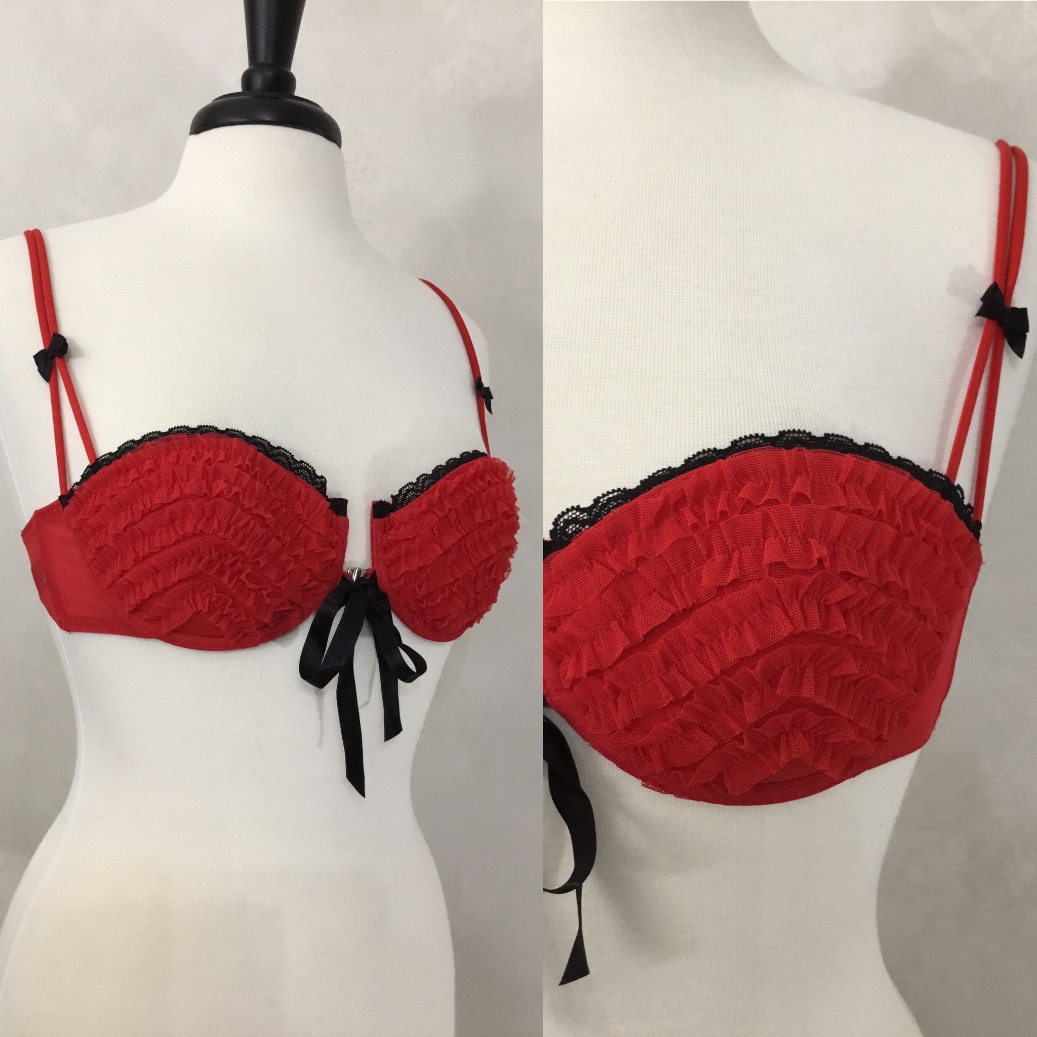 Vintage Victoria Secret Red & Black Ruffled Lace Bra. sexy Little Things 36B  NWOT 