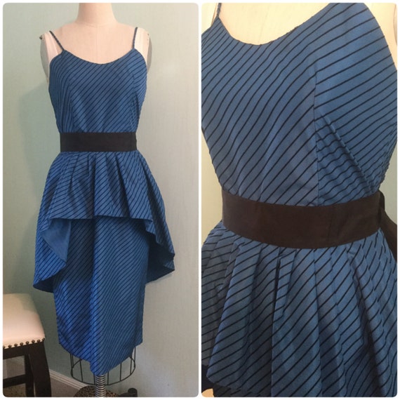 Vintage Blue Black Striped fitted Wiggle Dress Dr… - image 1