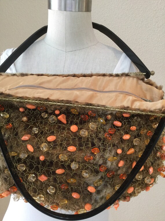 Vintage 60's Beaded Handbag, Leapord Print fur. M… - image 4