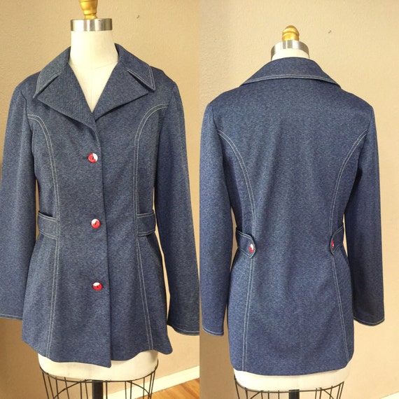 Denim 70's, Hipster Jacket,Woman's jacket, red & White buttoned coat