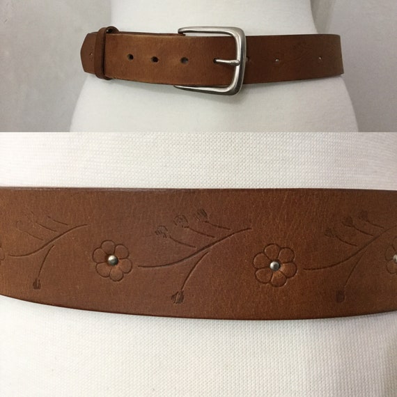 60s Brown Leather Belt Womans flower print - image 1