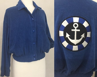 Vintage 80’s Blue Sailor Jacket. Anchor. Nautical Jacket. Summer Beach Jacket. M/L