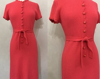 60s St.John Knit Dress. Salmon Pink Fitted Day Dress