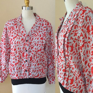 Vintage Red and White Blouse, Secretary Shirt, 70&#39;s/80&#39;s Work Blouse Black trim