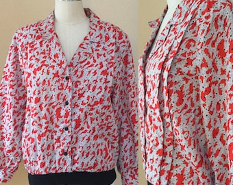 Vintage Red and White Blouse, Secretary Shirt, 70's/80's Work Blouse Black trim